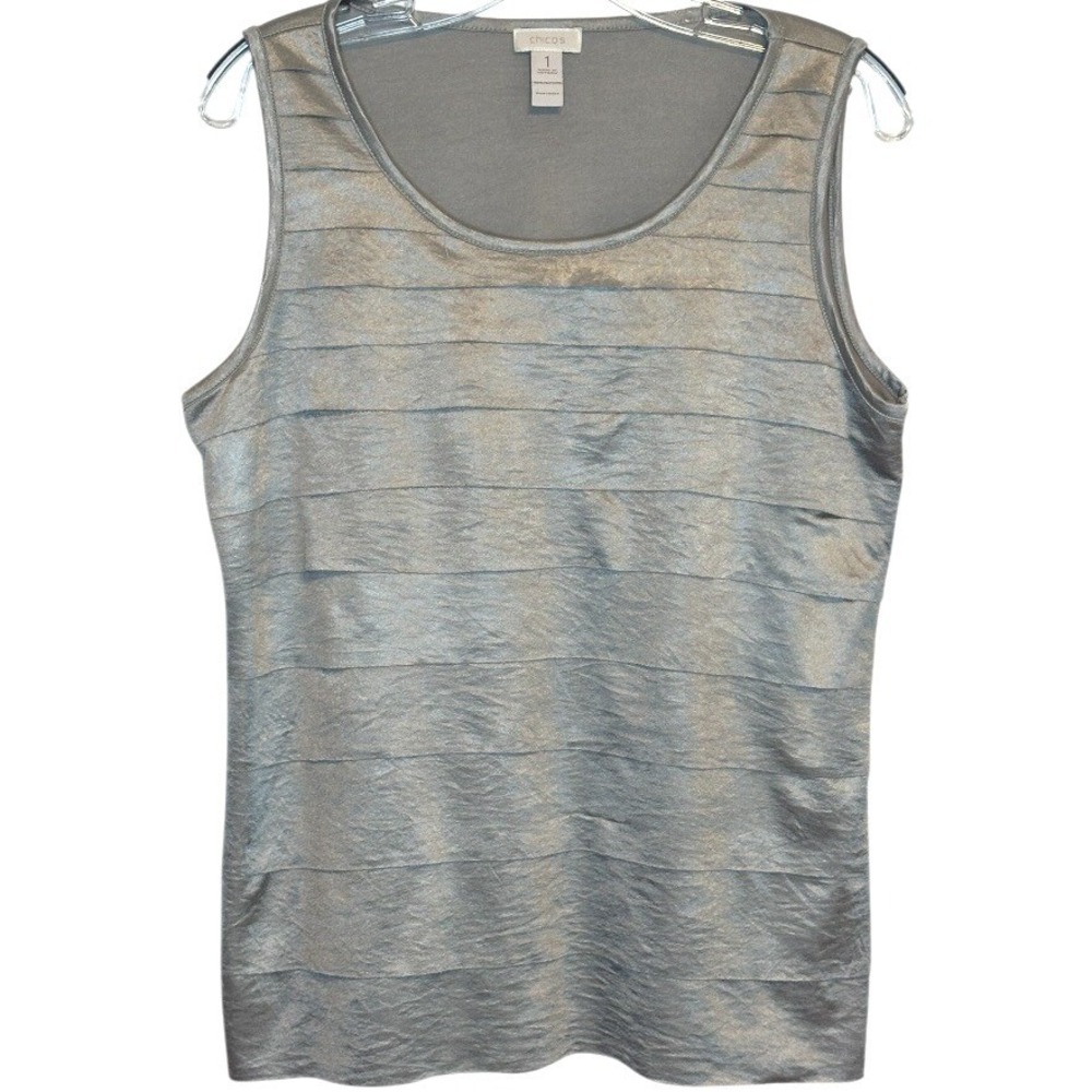 Chico's‎ Tank Top Women Silver Metallic Tiered Pleated Cocktail Party Holiday  1